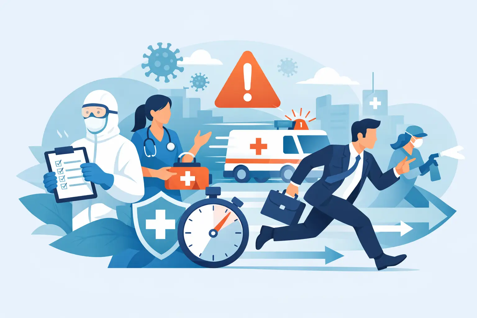 Healthcare workers in PPE rush toward an ambulance as a business professional runs with a briefcase during a pandemic outbreak.